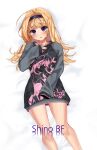  1girl bare_legs bed_sheet black_hairband black_hoodie blonde_hair blush bottomless chaos;child character_print collarbone dakimakura_(medium) hairband highres hood hoodie knees long_sleeves looking_at_viewer loungewear lying nishijou_nanami on_back pink_trim purple_eyes purple_hair science_adventure seira_orgel shinobf sleeves_past_fingers sleeves_past_wrists solo thick_thighs thighs 