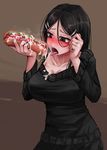  black_eyes black_hair blush breasts brown_background cleavage drooling hair_between_eyes hair_ornament hair_tucking hairclip highres large_breasts lettuce long_hair md5_mismatch off_shoulder oofusa_shizuko original ray-k saliva submarine_sandwich suggestive_fluid tongue tongue_out 