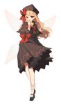  1girl absurdres black_capelet black_dress black_hat black_shoes blonde_hair bow bowtie capelet closed_mouth commentary_request dress fairy fairy_wings hair_bow hat highres ika_(ikachan_334) lily_black lily_white long_hair long_sleeves looking_at_viewer mary_janes red_bow red_bowtie red_eyes red_nails shoes simple_background smile socks solo touhou very_long_hair white_background white_socks wings 
