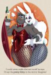 2025 alcohol alcohol_bottle anthro bedroom_eyes beer beer_bottle behind_another benedict_(pokonuki) beverage big_butt black_nose blue_eyes blush bodily_fluids bottle bow_tie buckteeth bulge butt clothing container digital_media_(artwork) domestic_cat duo english_text erection erection_under_clothing exclamation_point eyeshadow felid feline felis fishnet_clothing fishnet_leggings fishnet_legwear flustered fur green_eyes grey_body grey_ears grey_fur grey_hair grey_sclera hair half-closed_eyes hands_on_hips hi_res holding_object holding_plate lagomorph leggings legwear leotard leporid lexi_(pupterrain) long_ears looking_at_another makeup male male/male mammal markings mole_(marking) mr._playboy multicolored_ears muscular muscular_anthro muscular_male narrowed_eyes pink_nose plate playboy playboy_bunny playboy_outfit pokonuki purple_bow_tie purple_eyeshadow rabbit red_bow_tie red_clothing red_leotard scut_tail seductive shirt_collar shirt_cuffs short_tail smile sweat tail teeth text thick_thighs three-quarter_view tongue two_tone_ears white_body white_ears white_fur white_tail