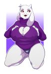  2018 anthro big_breasts boss_monster breasts caprine cleavage cleavage_cutout clothed clothing eyelashes female fur goat hand_on_breast horn huge_breasts keyhole_turtleneck kneeling long_ears mammal nipple_bulge open_mouth open_smile panties pinup pose red_eyes seductive smile solo sweater thick_thighs toriel undertale underwear video_games white_fur zkelle 