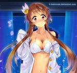  bangs bare_shoulders blush bra breasts brown_hair buttons closed_mouth collarbone curtains eyebrows_visible_through_hair flower gradient_eyes gradient_hair hair_flower hair_ornament hitokiri_battousai indoors large_breasts long_sleeves looking_at_viewer multicolored multicolored_eyes multicolored_hair navel night night_sky nisekoi nose_blush open_clothes open_shirt orange_eyes orange_hair petals red_eyes shirt short_hair_with_long_locks sky sleeves_past_wrists star_(sky) starry_sky tachibana_marika underwear watermark web_address white_bra white_shirt wind window 