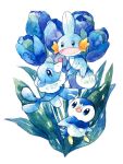  blue_eyes blue_flower blue_theme blue_tulip bright_pupils flower full_body highres mudkip no_humans non_(kumakawayusu) nostrils open_mouth painting_(medium) piplup pokemon pokemon_(creature) popplio signature simple_background traditional_media tulip watercolor_(medium) white_background white_pupils 
