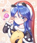  1girl :&lt; absurdres animal_ears black_capelet black_sleeves blue_eyes blue_hair blush capelet chibi colored_eyelashes doremy_sweet fur-trimmed_capelet fur-trimmed_headwear fur_trim hat highres holding holding_stuffed_toy kiri_(maoxianjiu) long_hair long_sleeves neck nightcap one_eye_closed orange_background pom_pom_(clothes) red_hat rubbing_eyes stuffed_animal stuffed_toy touhou upper_body 