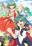  ahoge antennae arm_up arthropod_girl ascot bare_legs barefoot black_cape black_shorts blue_dress blue_eyes blue_hair butterfly_wings cape clenched_hands closed_mouth closed_umbrella cloud collared_shirt detached_sleeves dress eternity_larva flower frilled_skirt frills frog_hair_ornament gradient_hair green_eyes green_hair green_skirt hair_ornament highres holding holding_umbrella insect_wings kazami_yuuka kochiya_sanae leaf_clothing leaf_hair_ornament long_hair long_sleeves multicolored_hair one_eye_closed open_mouth outdoors parasol plaid_clothes plaid_skirt plaid_vest red_cape red_skirt red_vest shirt short_hair shorts skirt sky sleeves_rolled_up snake_hair_ornament sunflower tokatokato touhou two-sided_cape two-sided_fabric umbrella vest white_shirt wide_sleeves wings wriggle_nightbug yellow_ascot yellow_eyes 
