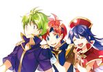  2boys armor blue_hair cape dress fire_emblem fire_emblem:_fuuin_no_tsurugi gloves hairband hat jewelry lilina long_hair looking_at_viewer multiple_boys noki_(affabile) open_mouth red_hair roy_(fire_emblem) short_hair simple_background smile wolt 