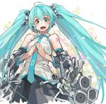  :d aqua_eyes aqua_hair collared_shirt cowboy_shot detached_sleeves hands_together hatsune_miku headset long_hair looking_at_viewer necktie open_mouth pleated_skirt sachito shirt skirt sleeveless sleeveless_shirt smile solo twintails vocaloid 