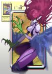  1girl bare_shoulders breasts claws cleavage colored_skin duel_monster feathered_wings feet_out_of_frame green_eyes harpie_lady harpie_lady_(normal_monster) harpy highres large_breasts long_hair monster_girl navel pantyhose pixel_art pixelated pointy_ears purple_skin red_hair shakeeeeeeeee solo sprite_redraw winged_arms wings yu-gi-oh! yu-gi-oh!_dark_duel_stories 