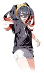 1girl 5oh5s2 :d alternate_costume black_hair black_shirt carmine_(pokemon) character_print eyelashes hairband happy highres mole mole_under_eye multicolored_hair open_mouth outstretched_arm pokemon pokemon_sv red_hair shirt short_sleeves shorts simple_background smile solo t-shirt teeth two-tone_hair umbreon white_background white_shorts yellow_eyes yellow_hairband 