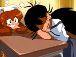  2girls anger_vein angry black_eyes black_hair brown_hair chef_hat clenched_teeth faux_retro_artstyle food-themed_hair_ornament genderswap genderswap_(mtf) glaring gustavo_(pizza_tower) hair_between_eyes hair_ornament hat long_hair minoyama multiple_girls open_mouth original peppina_ramen_(ketrindarkdragon) pizza_hair_ornament pizza_tower scowl shirt short_sleeves skirt sleeping teeth v-shaped_eyebrows 