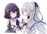  2girls asymmetrical_gloves black_gloves black_hair black_ribbon blue_gloves blue_hair blue_ribbon bronya_zaychik bronya_zaychik_(silverwing:_n-ex) closed_eyes closed_mouth colored_inner_hair crossed_bangs drill_hair earrings gloves grey_hair hair_between_eyes hair_ribbon half_updo highres honkai_(series) honkai_impact_3rd jewelry long_hair mismatched_gloves multicolored_hair multiple_girls open_mouth ribbon rinna_(xxrinna) seele_vollerei short_hair signature single_glove smile two-tone_hair 