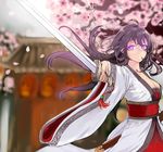  ahoge bad_id bad_pixiv_id beifeng_han black_hair breasts cherry_blossoms chinese_clothes cleavage glowing glowing_eyes hair_ornament hairpin hanfu highres holding holding_sword holding_weapon large_breasts long_hair looking_at_viewer miyaura_sanshio original purple_eyes scabbard sheath solo sword weapon 