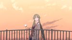  bangs blush closed_mouth cloud cloudy_sky commentary_request evening grey_hair hair_ornament hatsune_miku highres light_smile long_hair looking_up orange_sky outdoors purple_eyes railing sky smile solo standing twintails upper_body very_long_hair vocaloid yushika 