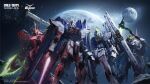  3d absurdres asteroid call_of_duty call_of_duty:_mobile earth_(planet) energy_axe energy_sword english_commentary freedom_gundam glowing glowing_eyes green_eyes gundam gundam_deathscythe_hell_custom highres holding holding_polearm holding_weapon looking_at_viewer mecha mecha_focus mobile_suit moon no_humans nu_gundam official_art planet polearm robot sazabi science_fiction space sword v-fin weapon yellow_eyes 