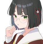  1girl :o bespectacled black_hair blunt_bangs blunt_ends bob_cut commentary dress flower flower_knot glasses hair_flower hair_ornament hashtag-only_commentary hasu_no_sora_school_uniform highres link!_like!_love_live! long_sleeves looking_at_viewer love_live! momose_ginko neckerchief parted_lips portrait potu_sabu rimless_eyewear sailor_collar sailor_dress school_uniform short_hair simple_background solo virtual_youtuber white_background white_flower white_sailor_collar winter_uniform yellow_neckerchief 