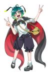  1girl ahoge antennae arthropod_girl bag black_cape black_shoes black_shorts blush cape frilled_shorts frills full_body gradient_hair green_eyes green_hair handbag happy mary_janes multicolored_hair open_mouth red_cape shirt shoes short_hair shorts sleeves_rolled_up socks solo tokatokato touhou two-sided_cape two-sided_fabric v white_background white_shirt white_socks wriggle_nightbug 