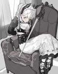  1girl absurdres ambience_synesthesia arknights arms_behind_back artist_name black_shoes black_sleeves bound couch cross cross_earrings cuffs dress earrings frills full_body grey_eyes gun hair_behind_ear handgun highres irene_(arknights) irene_(voyage_of_feathers)_(arknights) jewelry latin_cross long_dress long_hair long_sleeves looking_at_viewer maid mary_janes official_alternate_costume on_couch paid_reward_available pantyhose shackles shoes sitting sketch solo sweatdrop sword tied_up_(nonsexual) weapon whate=3r white_dress white_hair white_pantyhose 