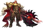 1boy absurdres armor axe battle_axe camelot_(sword_of_convallaria) cape crown cuirass curly_hair fur-trimmed_cape fur_trim gauntlets gold_armor greaves hand_up highres holding holding_axe long_hair male_focus non-web_source official_art orange_eyes pauldrons red_cape red_hair sabaton shoulder_armor solo sword_of_convallaria torn_cape torn_clothes weapon 