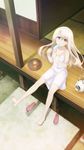  absurdres barefoot blonde_hair breasts deck dress eating fate/kaleid_liner_prisma_illya fate_(series) food highres ice_cream illyasviel_von_einzbern kayari_buta long_hair looking_at_viewer mosquito_coil non-web_source official_art outdoors popsicle red_eyes sandals sitting small_breasts smoke_trail sundress tatami tea tray veranda white_dress 