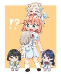  !? 5girls :d ^_^ aqua_neckerchief black_hair blonde_hair blue_dress blue_eyes blue_hair blush blush_stickers c: ceras_yanagida_lilienfeld chibi closed_eyes closed_mouth commentary dress dress_tug fang flower frown gradient_hair grey_hair hair_flower hair_intakes hair_ornament hair_ribbon half_updo hanging_on_another hashtag-only_commentary hasu_no_sora_school_uniform highres hinoshita_kaho holding_hands link!_like!_love_live! long_hair love_live! medium_dress momose_ginko moso_(expect66) multicolored_hair multiple_girls murano_sayaka neckerchief on_head open_mouth orange_background orange_hair osawa_rurino parted_bangs person_on_head pink_flower pink_ribbon pleated_dress puffy_short_sleeves puffy_sleeves rabbit_hair_ornament red_neckerchief ribbon sailor_collar sailor_dress school_uniform short_eyebrows short_hair short_sleeves smile summer_uniform thick_eyebrows twintails two_side_up virtual_youtuber white_sailor_collar yellow_neckerchief 