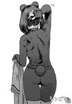  animal_ears arm_up ass back bear_ears bear_girl bear_tail bike_shorts bodystocking brown_bear_(kemono_friends) commentary_request cowboy_shot facing_away from_behind greyscale hand_on_own_head hand_up highres holding holding_clothes kemono_friends kishida_shiki long_sleeves monochrome pantylines shirt shirt_removed short_hair shoulder_blades simple_background solo tail tail_through_clothes thigh_gap translated walking white_background 