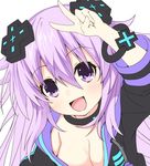 adult_neptune black_collar blush breasts cleavage collar d-pad d-pad_hair_ornament eyebrows_visible_through_hair hair_between_eyes hair_ornament hood hooded_track_jacket jacket long_hair long_sleeves looking_at_viewer matokechi medium_breasts neptune_(series) no_bra open_mouth purple_eyes purple_hair shin_jigen_game_neptune_vii sidelocks simple_background smile solo track_jacket v white_background work_in_progress 