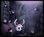 2025 2_horns 6_eyes ambiguous_gender arthropod biped black_eyes cloak clothed clothing cohavmuzar detailed_background flying grimmchild_(hollow_knight) group hi_res holding_map holding_quill hollow_knight horn loose_feather map multi_eye quill red_eyes sitting team_cherry the_knight_(hollow_knight) vessel_(species) weaver_(hollow_knight) wings