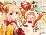  &gt;_&lt; 2girls :d :t ahoge arms_up back_bow blonde_hair blue_flower bow bowl brown_eyes brown_hair chopsticks closed_eyes closed_mouth commentary_request confetti daruma_doll eating floral_print flower futaba_anzu highres holding holding_chopsticks ichihara_nina idolmaster idolmaster_cinderella_girls idolmaster_cinderella_girls_starlight_stage japanese_clothes kimono long_sleeves low_twintails multiple_girls print_kimono red_kimono rino_cnc shide smile twintails xd yellow_bow zouni_soup 
