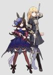  2girls bare_shoulders black_boots black_jacket black_shoes black_skirt blonde_hair blue_dress blue_hat blue_pantyhose boots breasts brown_hair brown_thighhighs closed_mouth crossover dagger dress fighting_stance fire_emblem fire_emblem:_three_houses full_body fur_choker green_eyes grey_background hair_over_one_eye hat highres holding holding_polearm holding_weapon ingrid_brandl_galatea iwami_manaka jacket juliet_sleeves knife long_hair long_sleeves looking_at_viewer mitsusaka_mitsumi multiple_girls off-shoulder_dress off_shoulder pantyhose pink_eyes polearm puffy_sleeves ready_to_draw rice_shower_(umamusume) shoes simple_background skirt small_breasts standing strappy_heels thighhighs umamusume voice_actor_connection weapon 