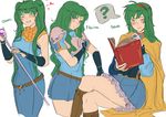  absurdres alternate_hairstyle blush breastplate breasts cape character_name closed_eyes dress earrings fingerless_gloves fire_emblem fire_emblem:_rekka_no_ken florina gloves green_eyes green_hair highres jewelry long_hair lyndis_(fire_emblem) nino_(fire_emblem) ormille ponytail serra short_hair skirt smile twintails very_long_hair weapon 