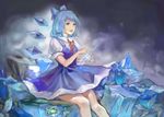  absurdres blue_dress blue_eyes blue_hair bow cirno cloud dress eyelashes frozen_frog hair_bow highres ice knees_together looking_to_the_side md5_mismatch night open_mouth outdoors puffy_short_sleeves puffy_sleeves re21 red_ribbon ribbon short_hair short_sleeves sitting solo touhou wings 