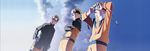  adjusting_headwear age_progression armband bandaged_arm bandages blonde_hair blue_eyes blue_sky cloud crossed_arms forehead_protector hand_on_hip highres jacket multiple_boys multiple_persona naruto:_the_last naruto_(series) naruto_shippuuden official_art sky smile spiked_hair sunlight uzumaki_naruto whisker_markings zipper zipper_pull_tab 