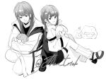  2girls aoki_hina bang_dream! bang_dream!_it&#039;s_mygo!!!!! character_doll closed_mouth commentary doll greyscale highres jhon_trick kaname_raana long_hair monochrome multiple_girls open_mouth simple_background takamatsu_tomori very_long_hair voice_actor voice_actor_connection white_background youmiya_hina 