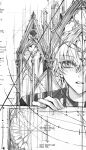  1boy architecture celtic_cross cross earrings european_architecture evl_1230 floating_earrings german_text gothic_architecture greyscale hair_between_eyes highres jewelry latin_cross looking_at_viewer machasal male_focus monochrome narke_farnese parted_lips pillar shirt short_hair solo stained_glass 