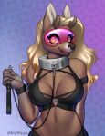 abstract_background anthro antlers blonde_hair bra brown_body brown_fur canid canine canis clothing collar cuff_(restraint) deer eyewear female fur goggles hair hi_res holding_leash holding_object horn hybrid killgarrn leash leather leather_cuffs mammal metal_collar offering_leash pink_eyewear pink_goggles restraints smile solo trans_(lore) trans_woman_(lore) underwear winemomicorn wolf yellow_eyes