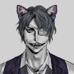  1boy animal_ears black_vest cat_boy cat_ears cleft_lip collared_shirt colored_skin daan_(fear_&amp;_hunger) eyepatch fear_&amp;_hunger_(series) fear_&amp;_hunger_2:_termina grey_background grey_eyes grey_hair grey_skin hashtag-only_commentary kemonomimi_mode male_focus medical_eyepatch messer33 open_mouth portrait purple_ears shirt simple_background slit_pupils smile solo straight-on teeth vest white_shirt 