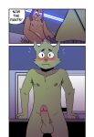 anthro armpit_hair balls blep blush body_hair brown_body brown_fur canid canine canis classroom comic cute_fangs dialogue domestic_cat domestic_dog duo english_text erection excited fangs felid feline felis front_view fur genitals glans green_body green_fur hi_res humanoid_genitalia humanoid_penis leaning_on_desk long_ears looking_at_crotch male male/male mammal multiple_scenes nervous nipples penis pubes removing_pants roy_(t0l0k) school speech_bubble t0l0k tail tail_motion tailwag ted_(t0l0k) teeth text tongue tongue_out two_frame_image undressing_another whiskers whiteboard