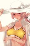  bikini blush breasts chaldea_lifesavers collarbone fate/grand_order fate_(series) florence_nightingale_(fate/grand_order) grey_hair hat highres large_breasts looking_at_viewer makitoshi0316 open_mouth ponytail red_eyes shirt_on_shoulders solo sun_hat sweat swimsuit underboob white_background 