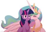  2017 blush duo equine eyes_closed feathered_wings feathers female female/female feral friendship_is_magic hair hi_res horn kissing long_hair mammal momomistress multicolored_hair my_little_pony princess_celestia_(mlp) purple_eyes purple_feathers simple_background smile twilight_sparkle_(mlp) white_background white_feathers winged_unicorn wings 