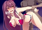  1girl arm_grab arm_held_back ass blush breath cum cum_in_pussy drooling fate_(series) gradient gradient_background hetero long_hair open_mouth purple_hair red_eyes scathach_(fate)_(all) scathach_(fate/grand_order) sex standing_sex sweat tears twitter_username vaginal zeroshiki_kouichi 
