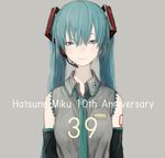  39 anniversary aqua_eyes aqua_hair aqua_neckwear bangs blush character_name closed_mouth commentary_request date_pun detached_sleeves grey_background grey_shirt hair_between_eyes hatsune_miku headset highres light_smile long_hair looking_at_viewer necktie number_pun shirt simple_background sleeveless sleeveless_shirt smile solo twintails upper_body vocaloid yushika 