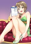  bare_shoulders blush braid breasts brown_eyes brown_hair cleavage commentary_request couch dress envelope feet hair_over_shoulder high_heels highres idolmaster idolmaster_cinderella_girls idolmaster_cinderella_girls_starlight_stage jakelian jewelry long_hair looking_at_viewer medium_breasts necklace open_mouth removing_shoes senkawa_chihiro single_braid sitting smile solo strapless strapless_dress 