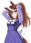  1girl animal_ears back_bow bow bowtie brown_hair commentary_request cowboy_shot hair_tie_in_mouth horse_ears horse_girl horse_tail long_hair mauve mouth_hold multicolored_hair orange_hair pleated_skirt purple_skirt school_uniform skirt solo symboli_rudolf_(umamusume) tail tracen_school_uniform twitter_username tying_hair umamusume white_bow white_bowtie white_hair 