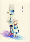  2girls ? aged_down apron back_bow black_thighhighs blue_skirt blue_vest bow bowtie braid child collared_shirt commentary_request dual_persona green_bow grey_hair hair_bow high_heels hijiki_(hijiri_st) holding holding_knife holding_pocket_watch izayoi_sakuya knife maid maid_headdress multiple_girls open_mouth pocket_watch red_bow red_bowtie red_eyes red_shoes shirt shoes skirt thighhighs time_paradox touhou twin_braids vest waist_apron watch white_apron white_bow white_shirt 