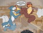 anthro blue_body blue_fur brown_body brown_fur canid canine canis duo feet foot_fetish foot_play fur genitals green_eyes hair hi_res humanoid_genitalia humanoid_penis male male/male mammal nerd paws penis peppertomb red_hair riley2777 sauna sauna_bench speech_bubble tan_body tan_fur white_body white_fur wolf yellow_body yellow_fur