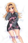  1girl bare_legs bed_sheet black_hairband black_hoodie blonde_hair blush bottomless chaos;child character_print collarbone dakimakura_(medium) hairband highres hood hoodie knees long_sleeves looking_at_viewer loungewear lying nishijou_nanami on_back pink_trim purple_eyes purple_hair science_adventure seira_orgel shinobf sleeves_past_fingers sleeves_past_wrists solo thick_thighs thighs 
