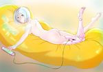  aqua_eyes aqua_hair ass barefoot breasts cyborg eyebrows_visible_through_hair highres holographic_interface looking_at_viewer lying mechanical_leg medium_breasts nude on_stomach original saitou_eishi short_hair sideboob smile solo the_pose toe-point wire 