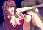  1girl arm_grab arm_held_back bikini fate_(series) gradient gradient_background hetero long_hair open_mouth purple_hair red_bikini red_eyes scathach_(fate)_(all) scathach_(fate/grand_order) sex standing_sex swimsuit twitter_username vaginal zeroshiki_kouichi 