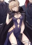  2boys artoria_pendragon_(all) artoria_pendragon_(swimsuit_rider_alter) blonde_hair braid choker dress fate/grand_order fate_(series) finger_in_mouth formal gloves groin highres jacket_on_shoulders lancelot_(fate/grand_order) looking_at_viewer multiple_boys navel navel_cutout necktie red_hair saber_alter suit thigh_strap tiara totteri tristan_(fate/grand_order) white_background yellow_eyes 