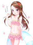  ayumi_(as0206) bikini brown_hair flower frilled_bikini frills hair_flower hair_ornament hairband highres idolmaster idolmaster_(classic) innertube long_hair looking_at_viewer minase_iori navel open_mouth red_eyes solo swimsuit translated 